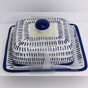Butter Dish & Lid Handmade Indigo Blue Strips Ceramic made in India RARE N…